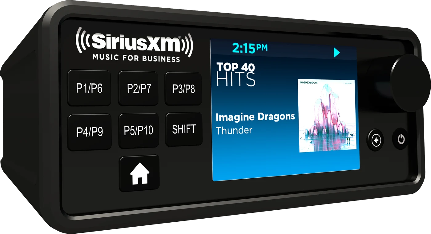 SiriusXM Music for Business radio with color display showing Top 40 Hits